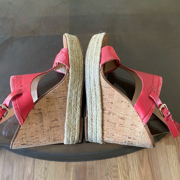 COACH ,MENDEZ CORAL/CHERRY RED, LEATHER, CORK,  LOGO CANVAS, ESPADRILLE SANDAL - Picture 2 of 6